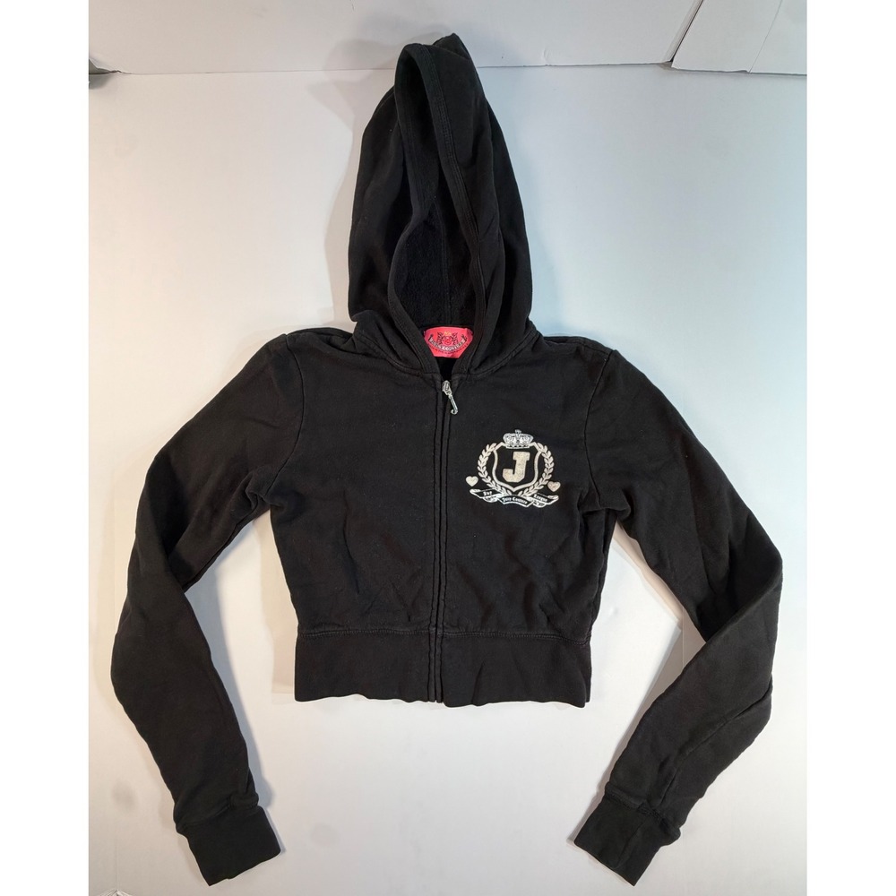 Juicy Couture Black Y2K Cropped Zip Up Hoodie Ivy League Crest Graphic Small P